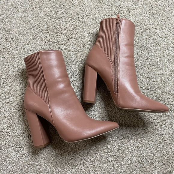 Qupid Shoes - Qupid Toffee Stretch Mid Ankle Bootie Pointed